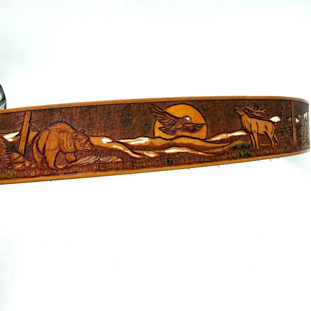 Tooled Leather Western Belt 42 Elk Bear Eagle Wildlife Nature Scene Oval Buckle